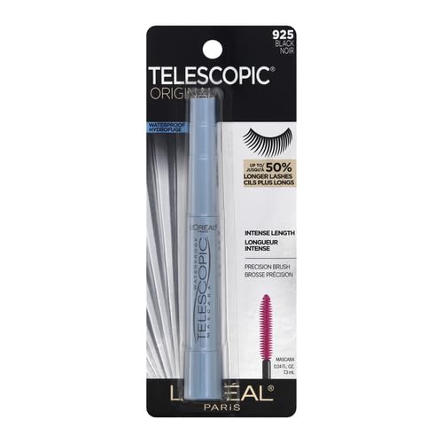 L’Oreal Paris Makeup Original Telescopic Mascara, Separating Mascara Volume and Length Formula, Washable, Blackest Black, 0.27 Fl Oz., 1 Count