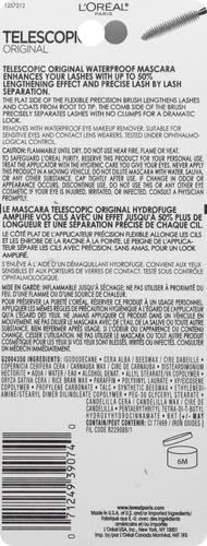 L’Oreal Paris Makeup Original Telescopic Mascara, Separating Mascara Volume and Length Formula, Washable, Blackest Black, 0.27 Fl Oz., 1 Count