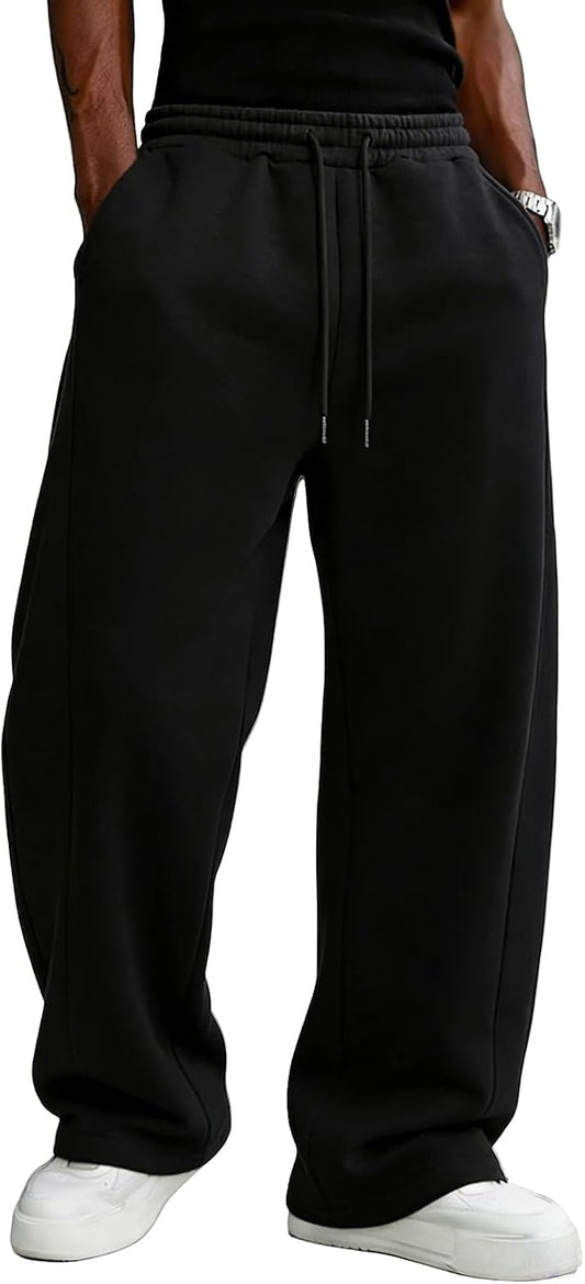 Men's Baggy Sweatpants Fleece Wide Leg Lounge Pants Drawstring Waist Loose Fit Cotton Jogging Sweat Pants with Pockets