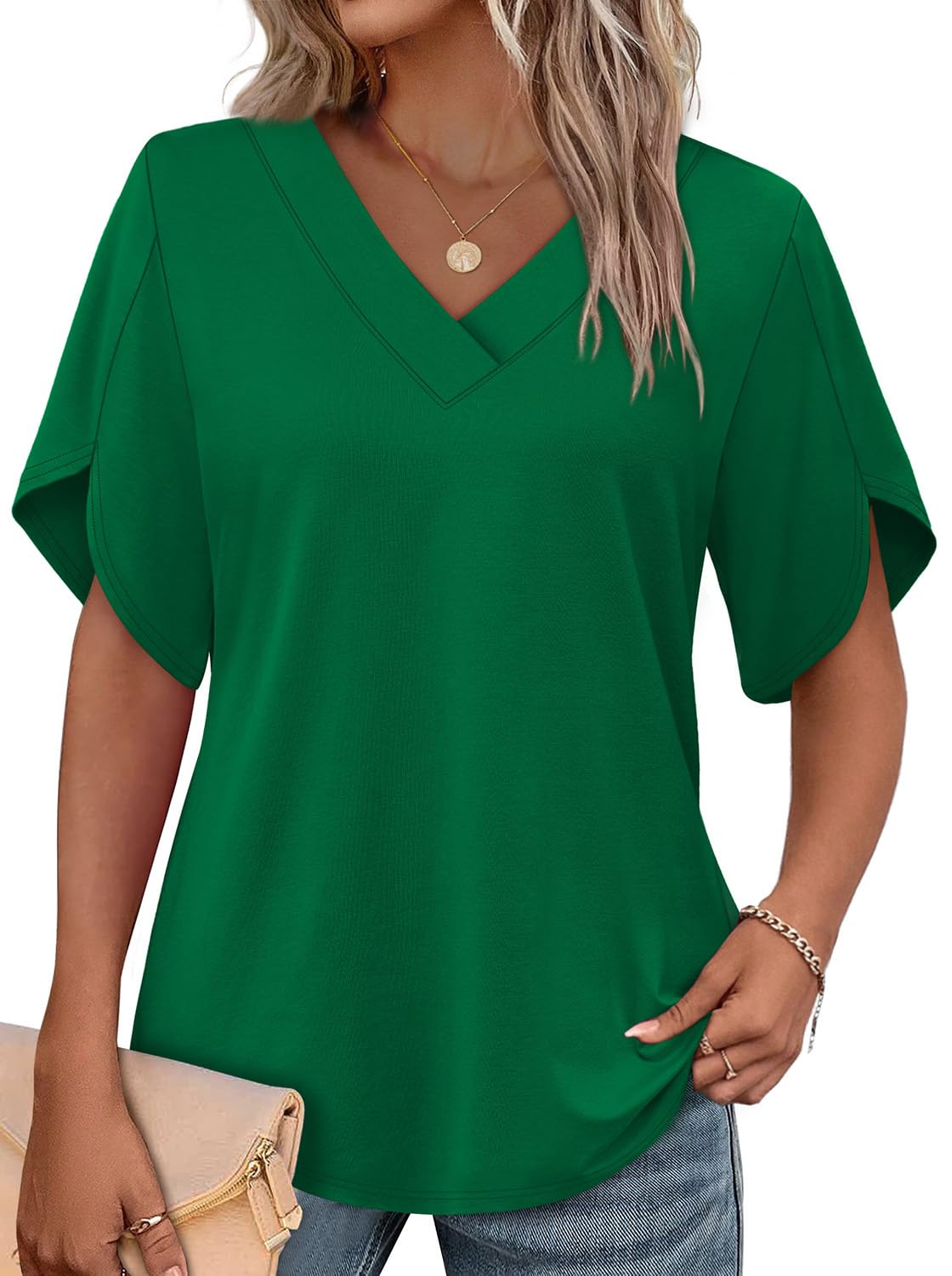 WIHOLL Womens Summer Tops Short Petal Sleeve Shirts Fashion V Neck Womens Clothing