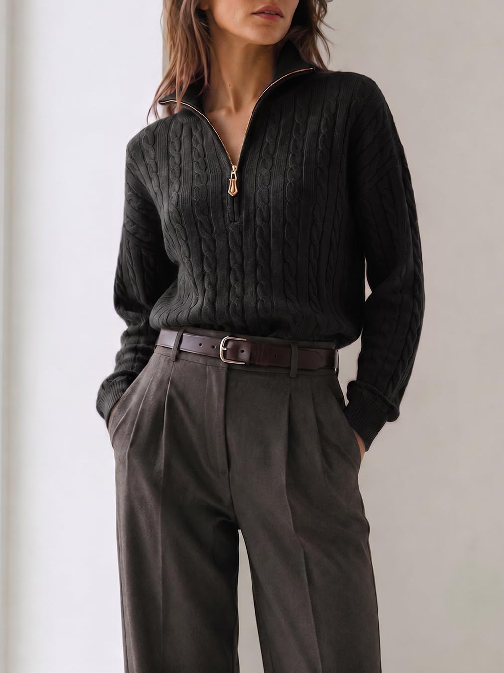 Fisoew Womens Sweaters Quarter Zip Ribbed Cable Knit Pullover Tops 2026