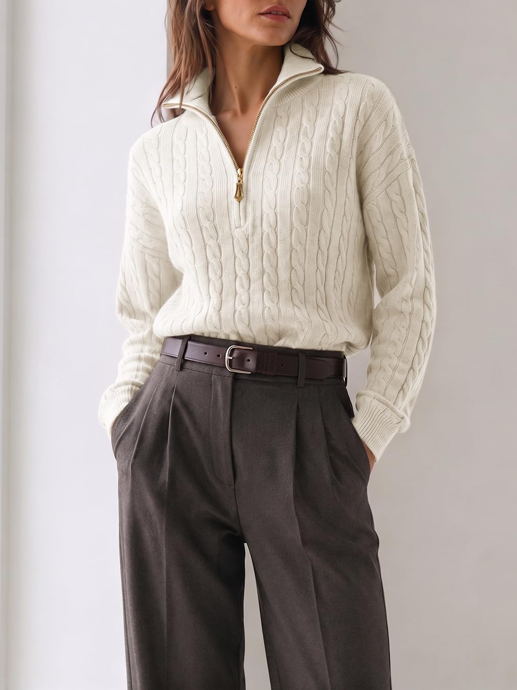 Fisoew Womens Sweaters Quarter Zip Ribbed Cable Knit Pullover Tops 2026