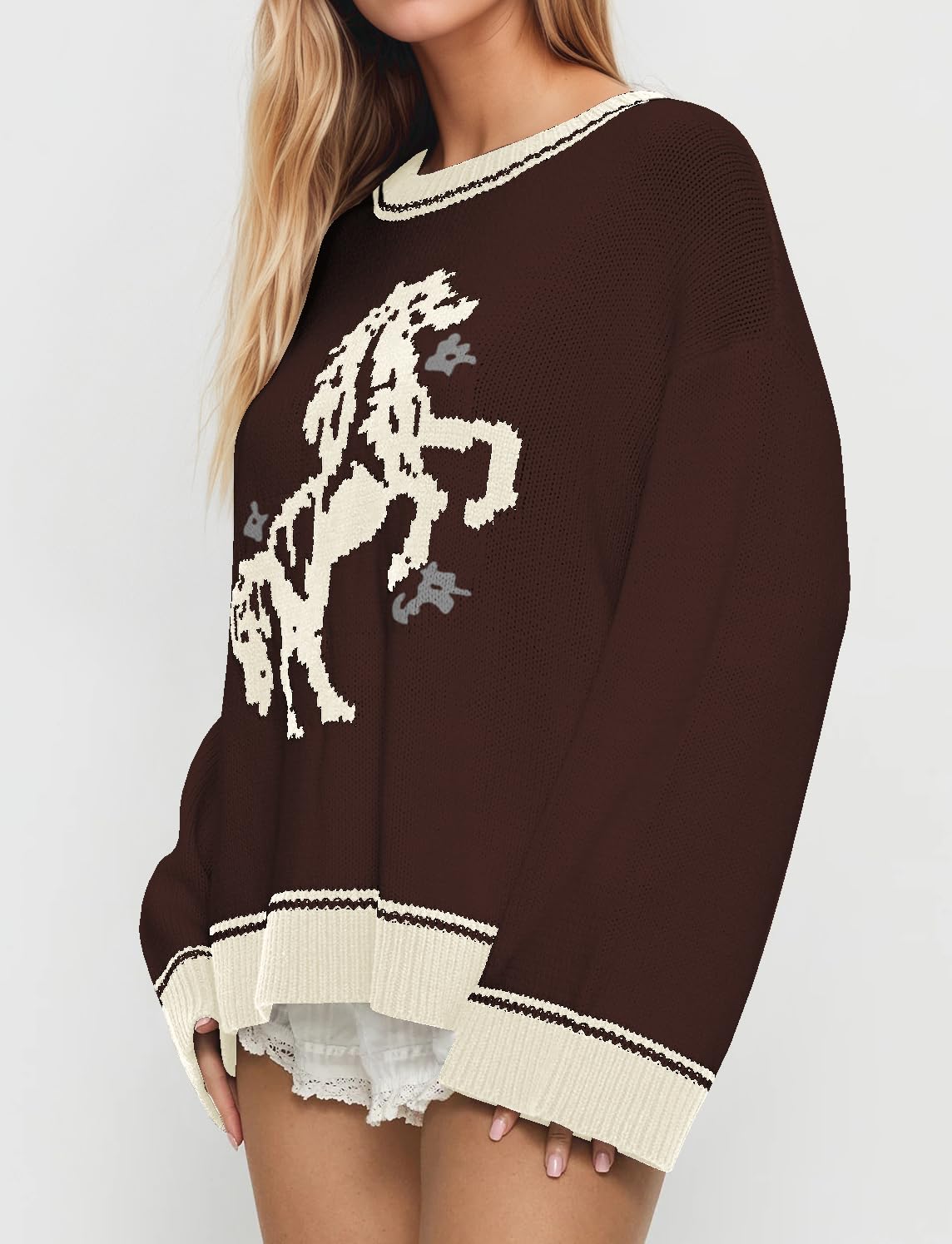 Women Oversized Horse Sweater Y2k Graphic Knit Pullover Long Sleeve Crewneck Aesthetic Horse Sweater Tops
