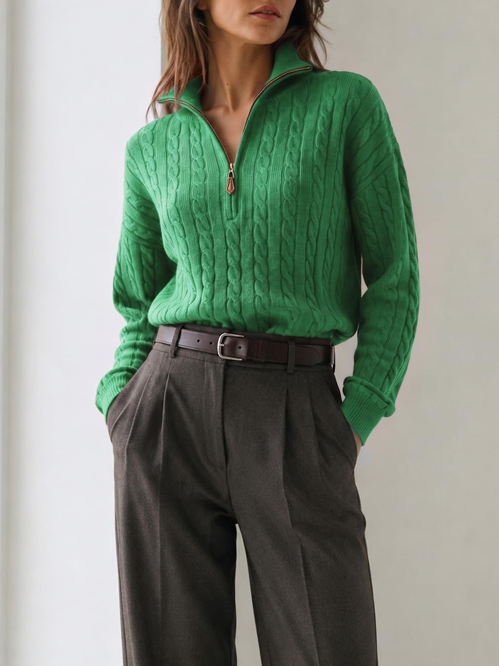 Fisoew Womens Sweaters Quarter Zip Ribbed Cable Knit Pullover Tops 2026