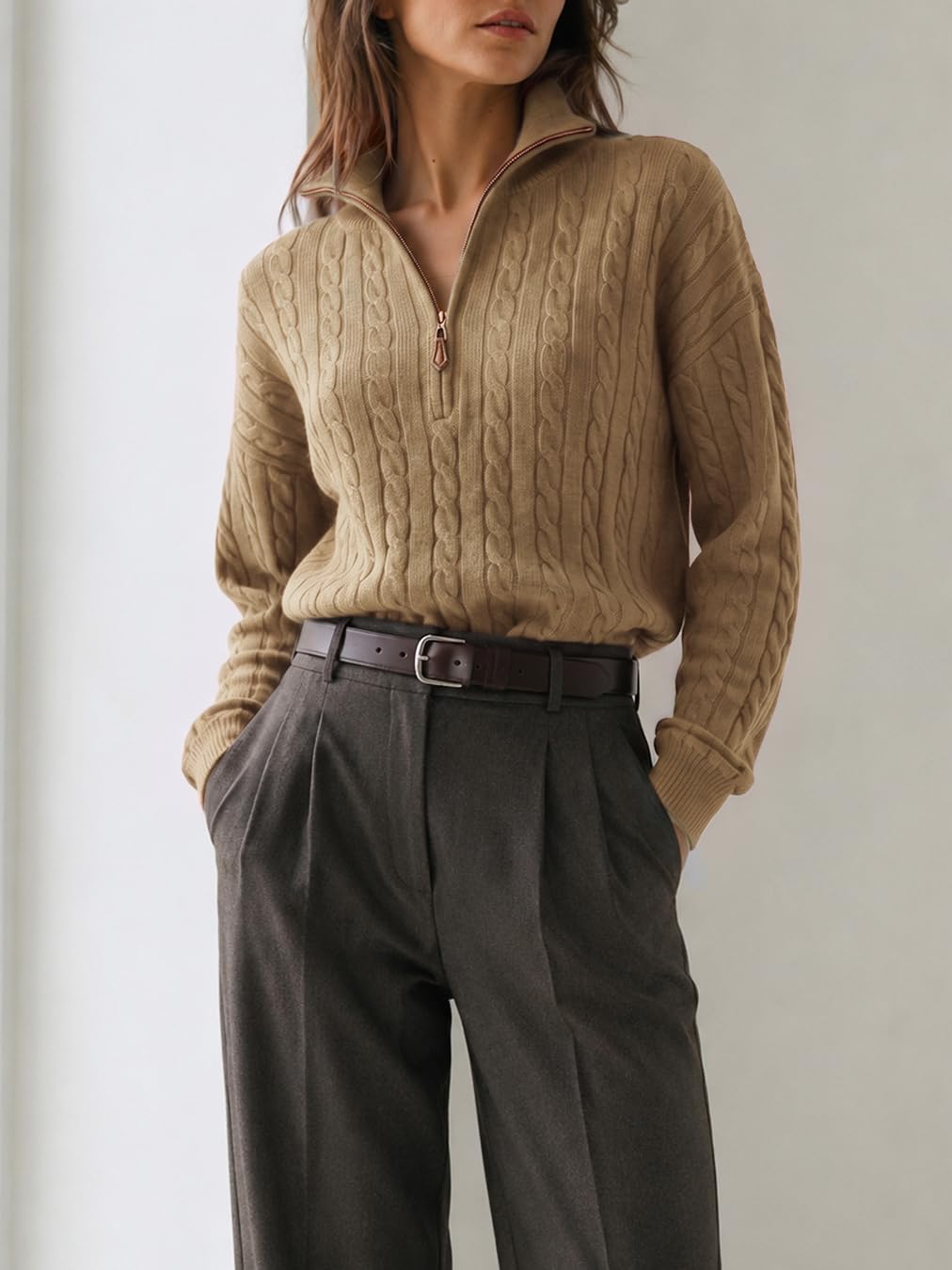 Fisoew Womens Sweaters Quarter Zip Ribbed Cable Knit Pullover Tops 2026