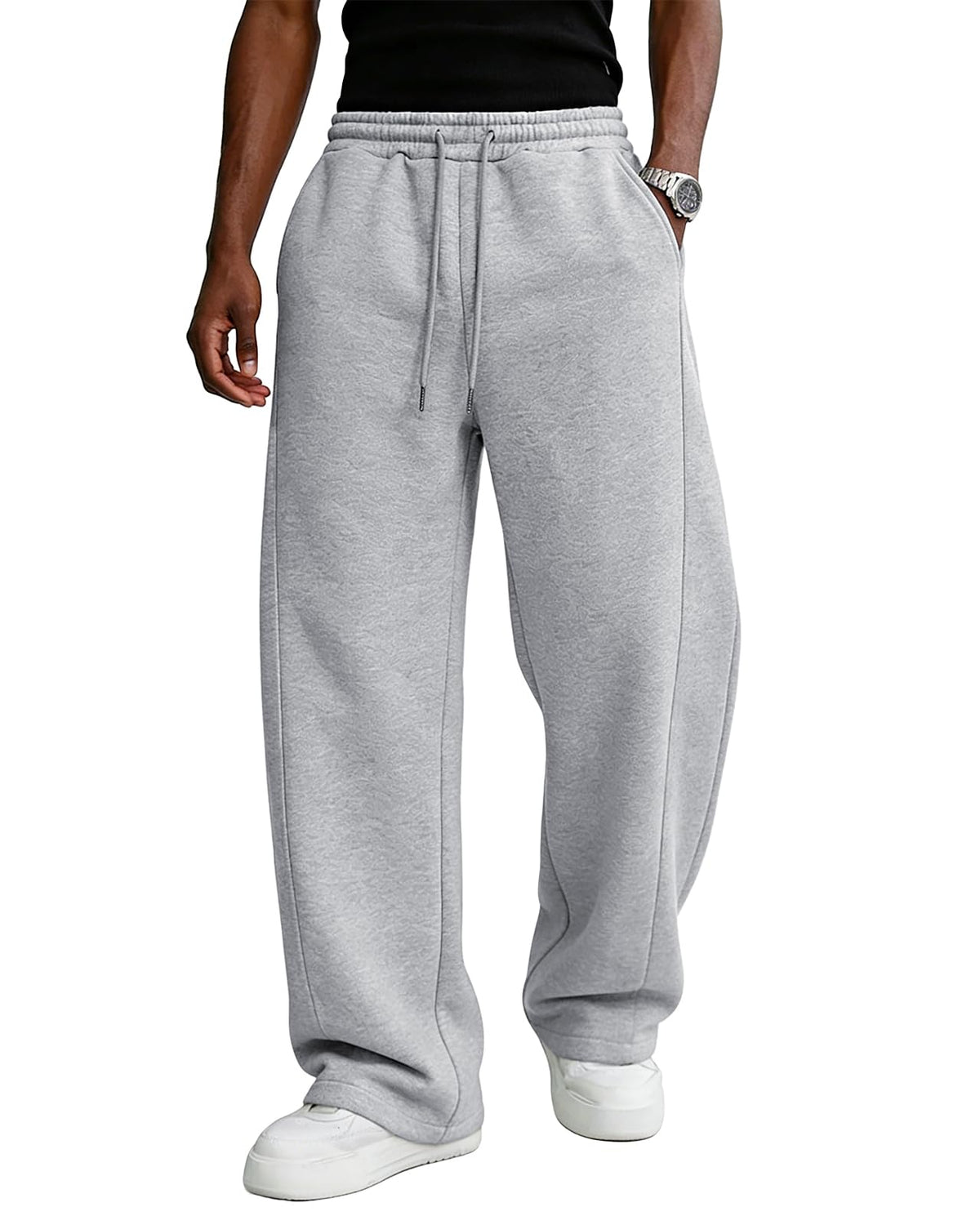 Men's Baggy Sweatpants Fleece Wide Leg Lounge Pants Drawstring Waist Loose Fit Cotton Jogging Sweat Pants with Pockets