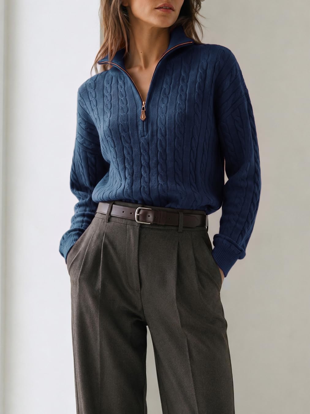 Fisoew Womens Sweaters Quarter Zip Ribbed Cable Knit Pullover Tops 2026