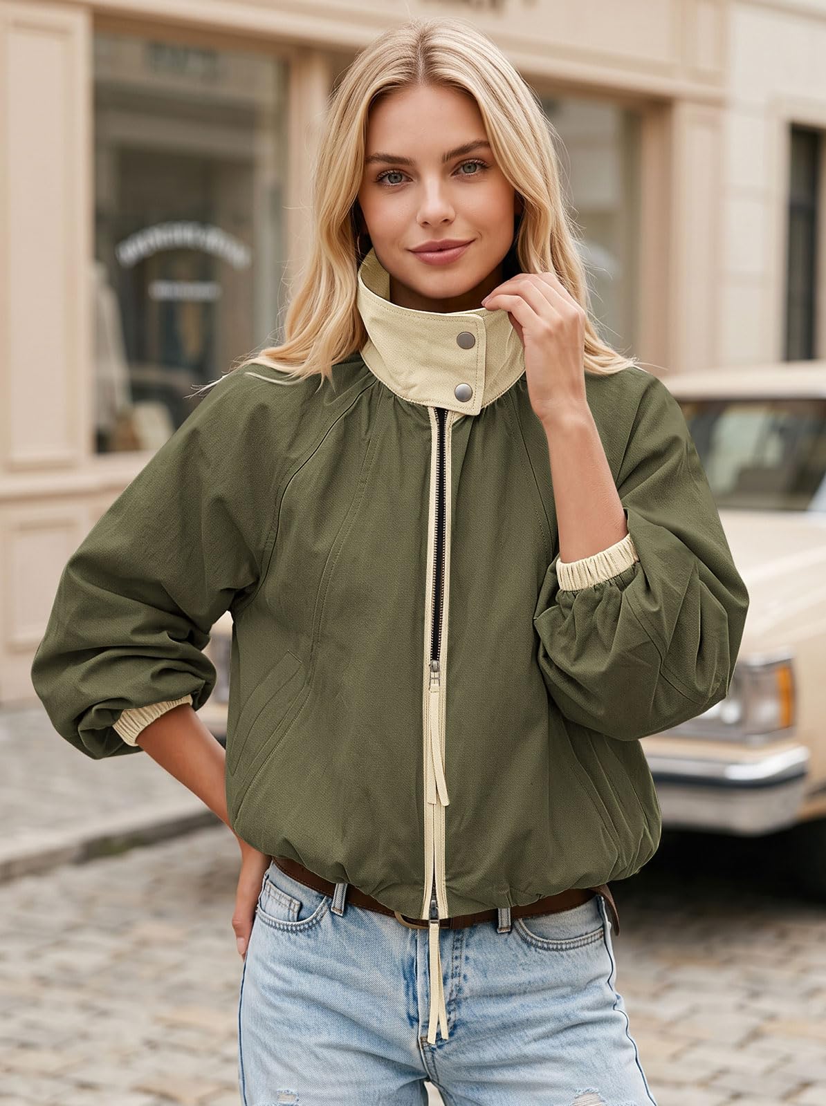 Womens Bomber Jacket Puffed Collar Trench Coat Funnel Neck Cropped Jackets