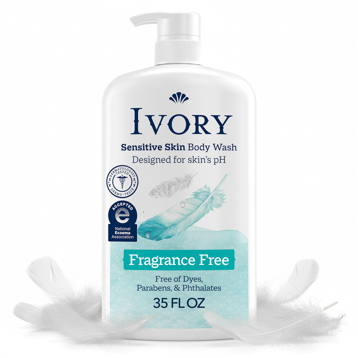 Ivory Body Wash, Designed for the Whole Family, Gentle Formula, Free of Dyes Heavy Perfumes Parabens Phthalates & Silicones, for Sensitive Skin, Designed for Skin's pH, Original Scent, 35 oz