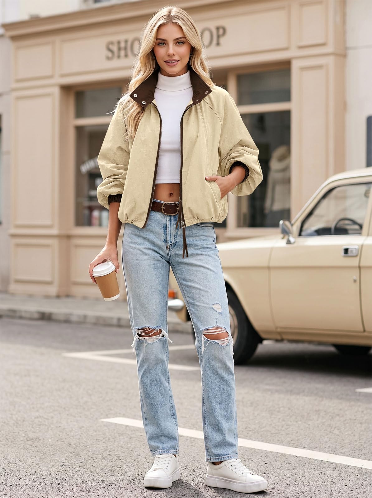 Womens Bomber Jacket Puffed Collar Trench Coat Funnel Neck Cropped Jackets