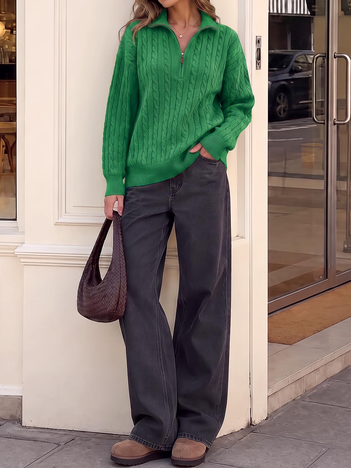 Fisoew Womens Sweaters Quarter Zip Ribbed Cable Knit Pullover Tops 2026