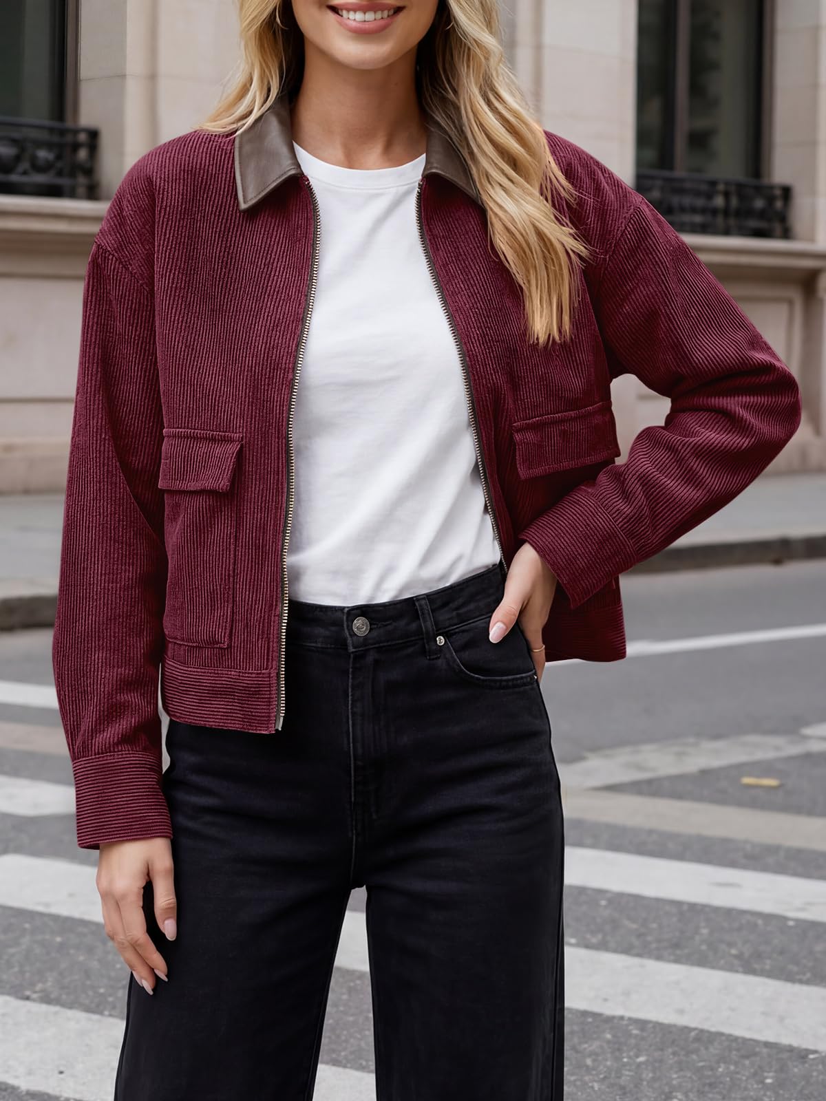 Tankaneo Womens Cropped Corduroy Jackets Oversized Zip Up Barn Bomber Coat