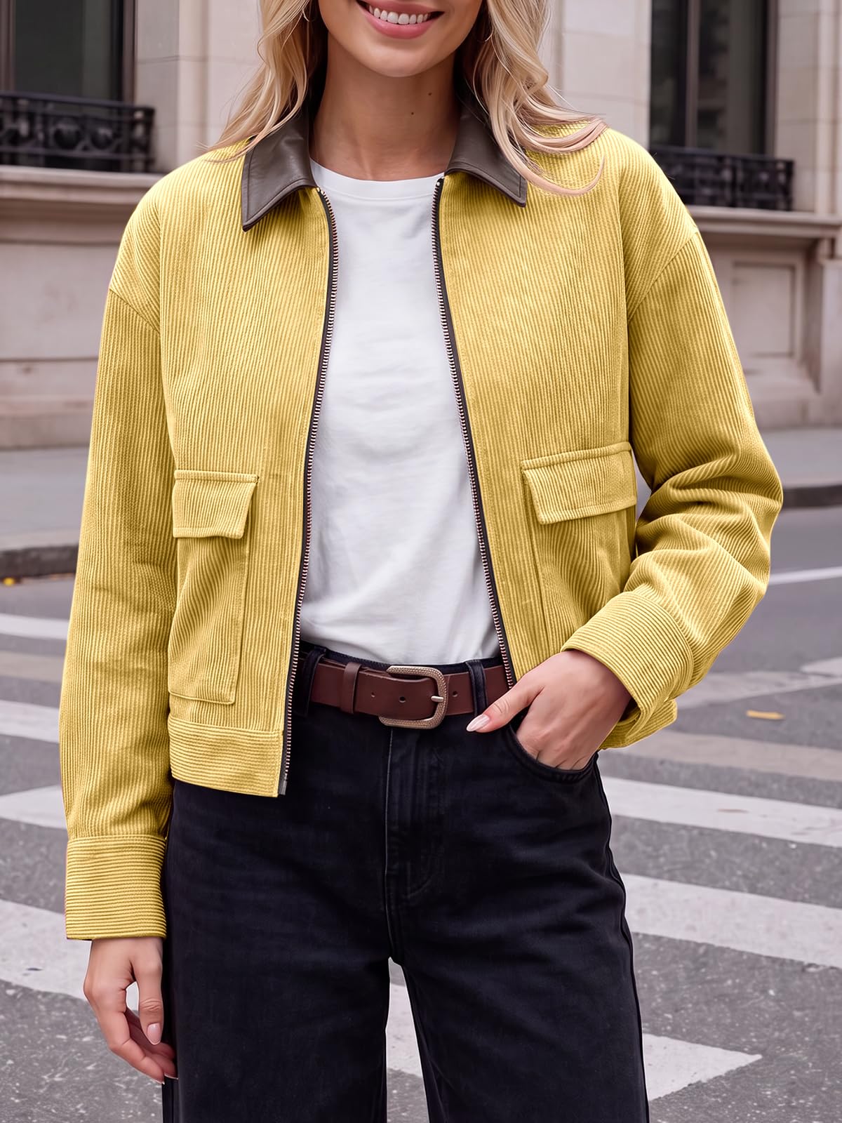 Tankaneo Womens Cropped Corduroy Jackets Oversized Zip Up Barn Bomber Coat