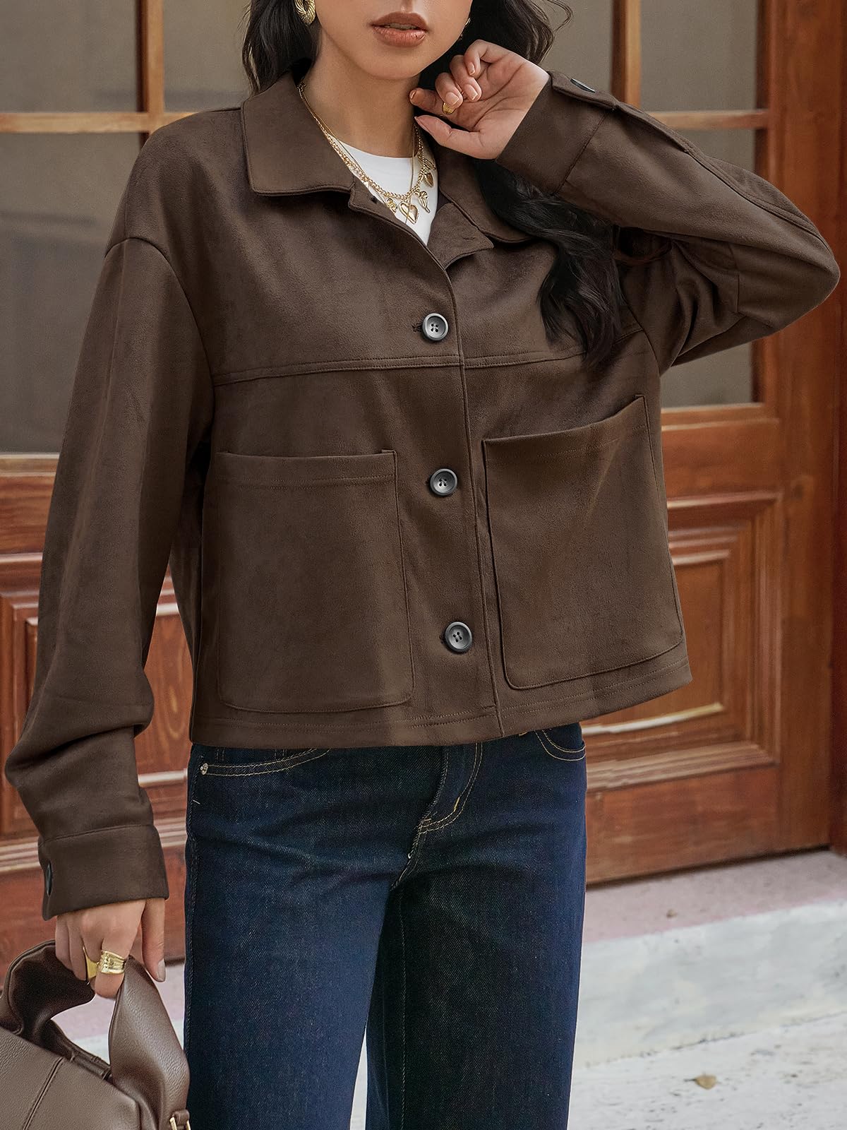 Tankaneo Womens Cropped Faux Suede Leather Jackets Lapel Collar Shackets
