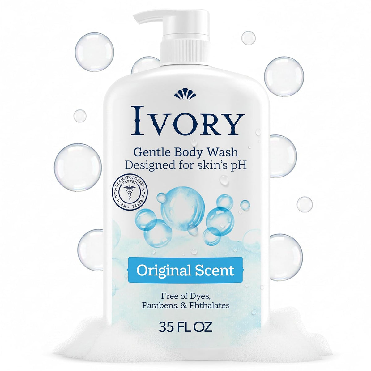 Ivory Body Wash, Designed for the Whole Family, Gentle Formula, Free of Dyes Heavy Perfumes Parabens Phthalates & Silicones, for Sensitive Skin, Designed for Skin's pH, Original Scent, 35 oz