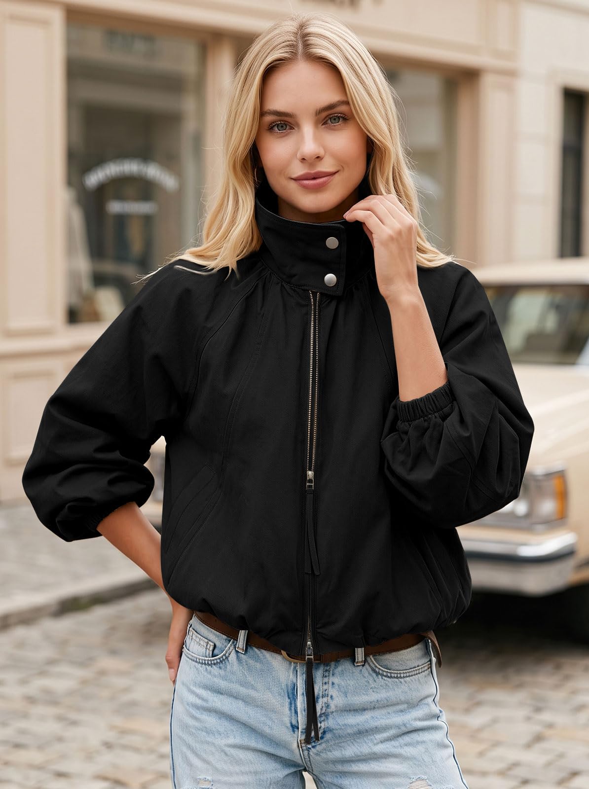 Womens Bomber Jacket Puffed Collar Trench Coat Funnel Neck Cropped Jackets
