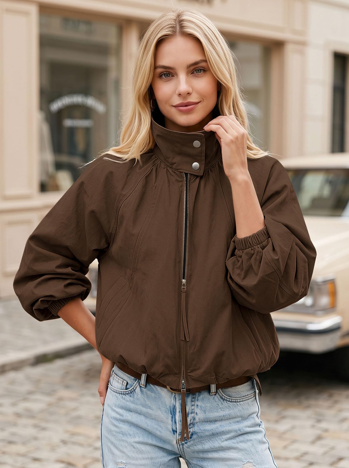 Womens Bomber Jacket Puffed Collar Trench Coat Funnel Neck Cropped Jackets
