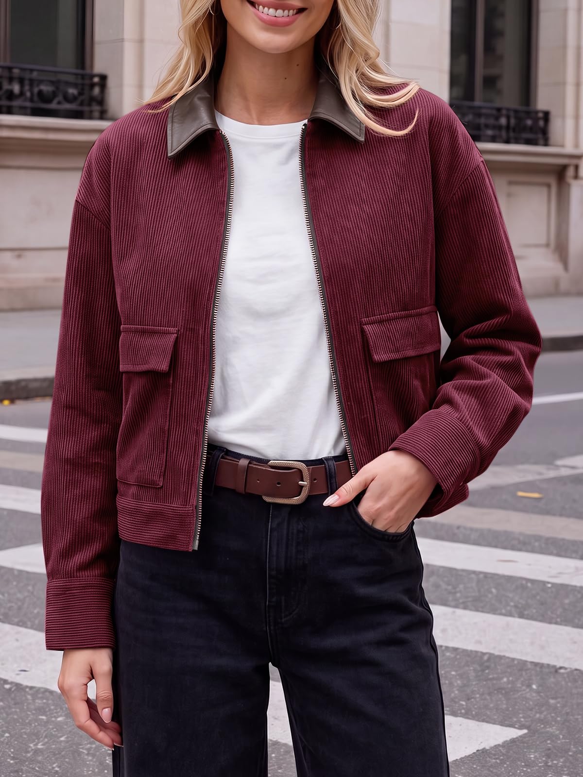 Tankaneo Womens Cropped Corduroy Jackets Oversized Zip Up Barn Bomber Coat