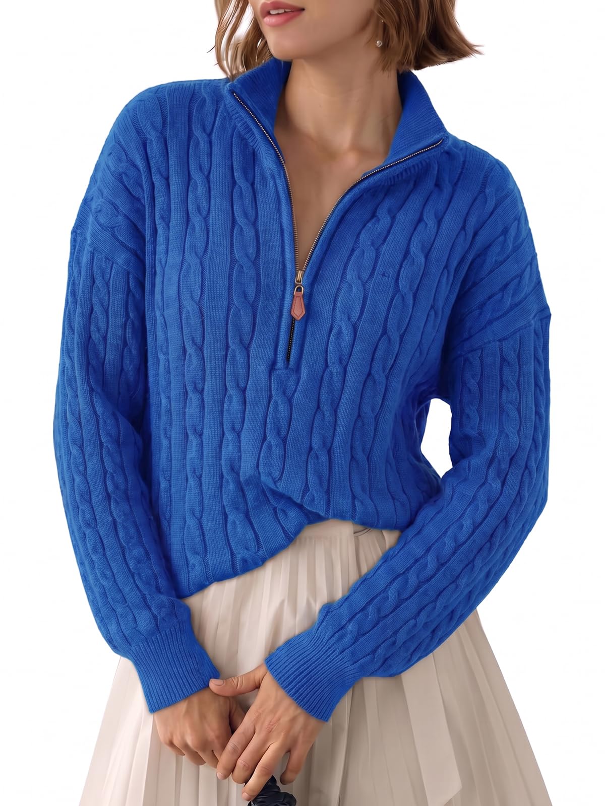 Fisoew Womens Sweaters Quarter Zip Ribbed Cable Knit Pullover Tops 2026
