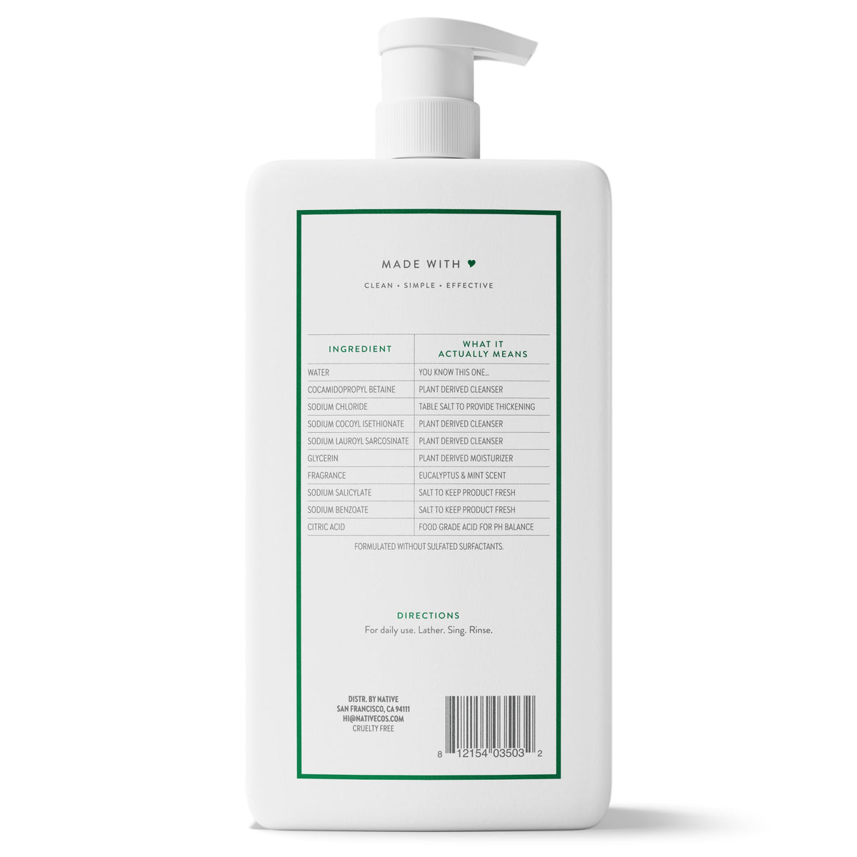Native Clean Body Wash, Gentle & pH-balanced for Sensitive Skin, 24-Hr Freshness for Women & Men, Vegan & Cruelty-Free, Free of Sulfates, Parabens & Phthalates, Coconut & Vanilla, 36 oz
