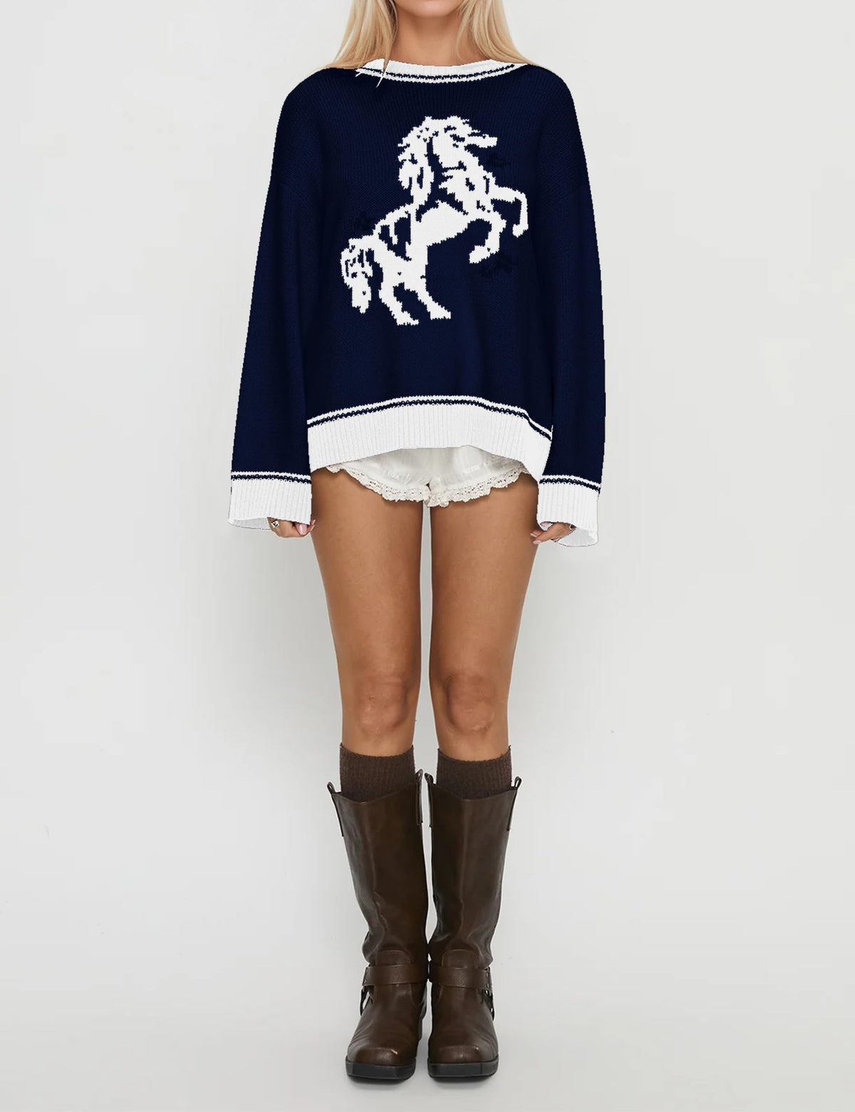 Women Oversized Horse Sweater Y2k Graphic Knit Pullover Long Sleeve Crewneck Aesthetic Horse Sweater Tops