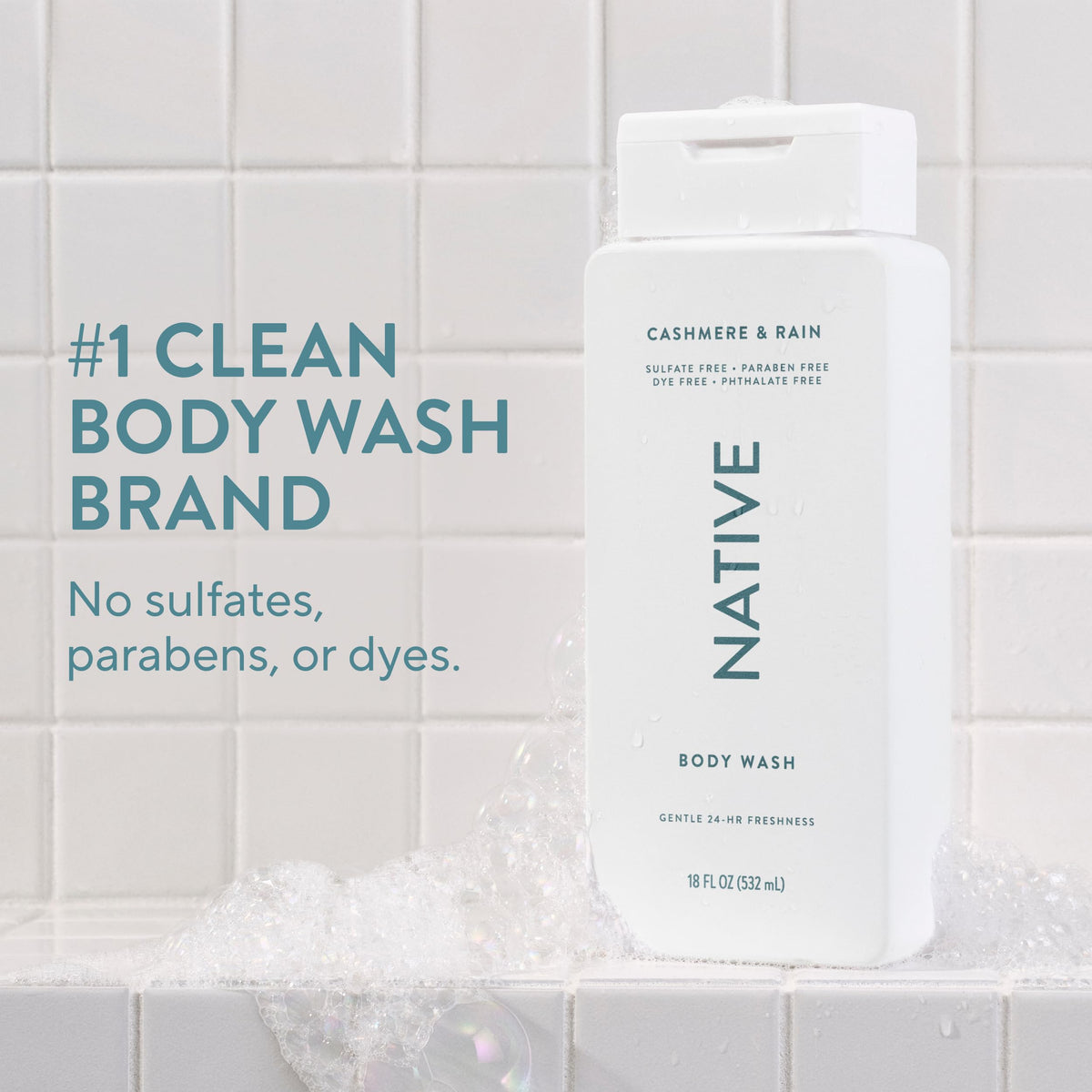 Native Clean Body Wash, Gentle & pH-balanced for Sensitive Skin, 24-Hr Freshness for Men & Women, Vegan & Cruelty-Free, Free of Sulfates & Parabens, Balsam & White Woods, 18 fl oz