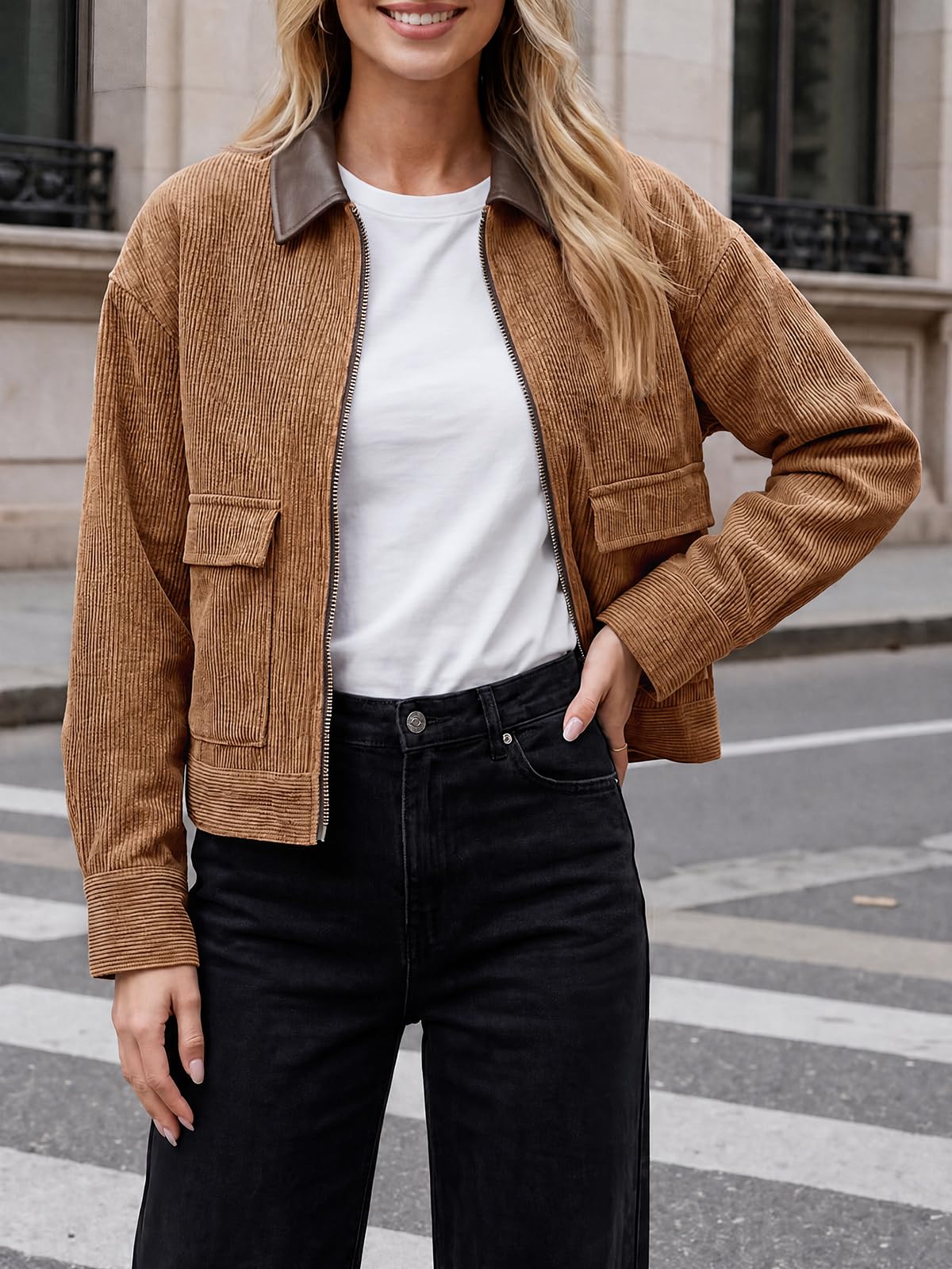 Tankaneo Womens Cropped Corduroy Jackets Oversized Zip Up Barn Bomber Coat