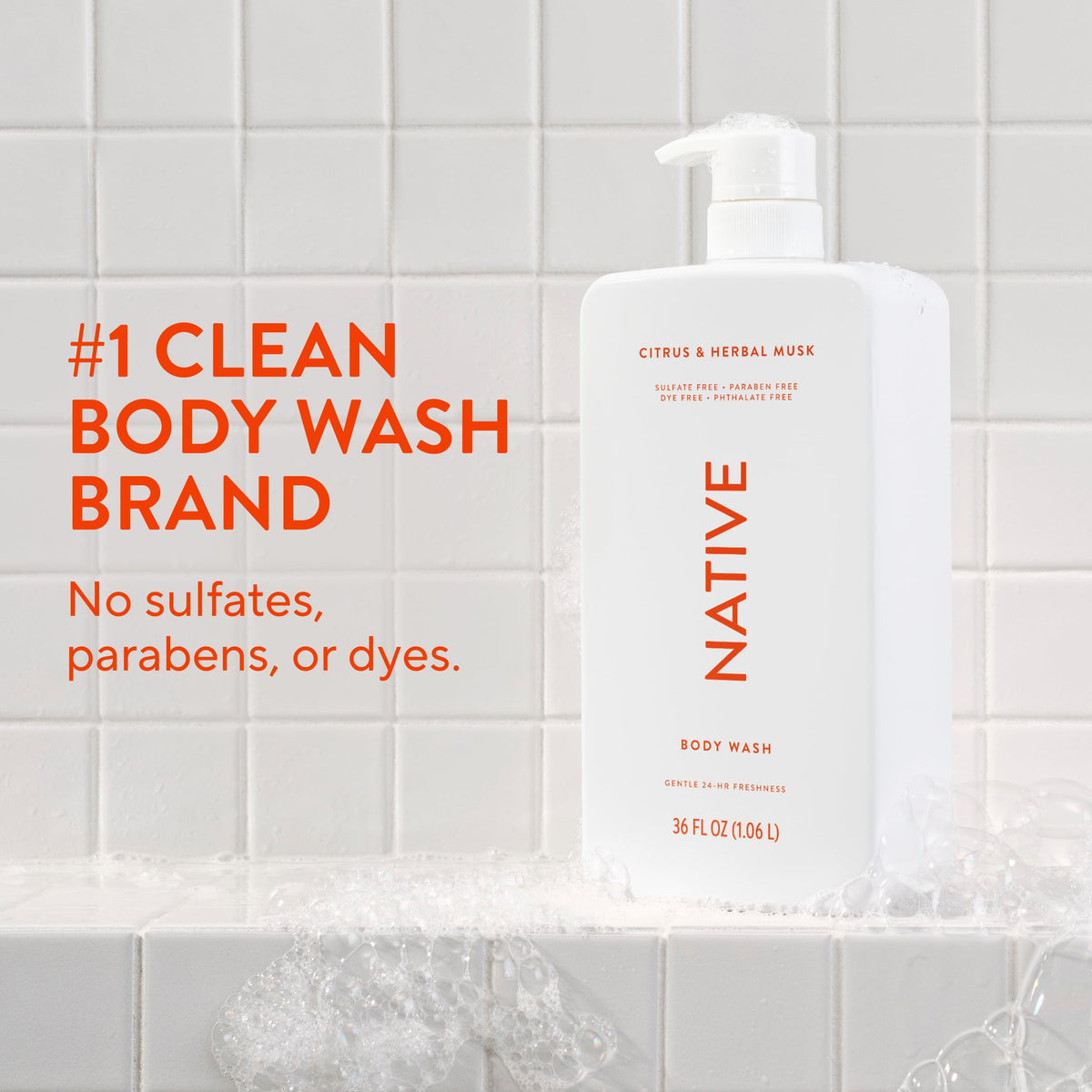 Native Clean Body Wash, Gentle & pH-balanced for Sensitive Skin, 24-Hr Freshness for Women & Men, Vegan & Cruelty-Free, Free of Sulfates, Parabens & Phthalates, Coconut & Vanilla, 36 oz