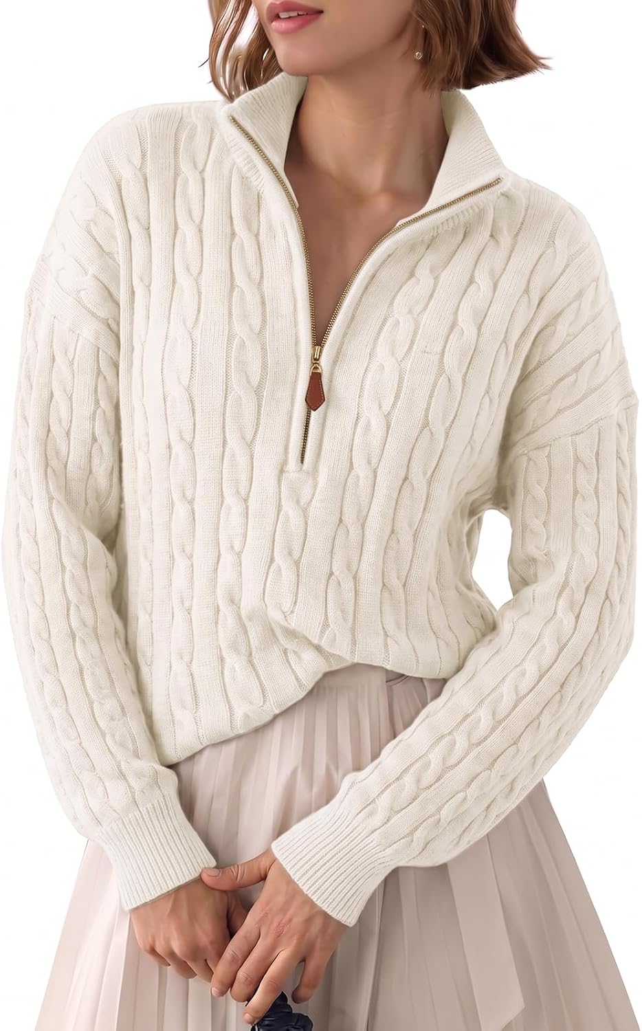 Fisoew Womens Sweaters Quarter Zip Ribbed Cable Knit Pullover Tops 2026