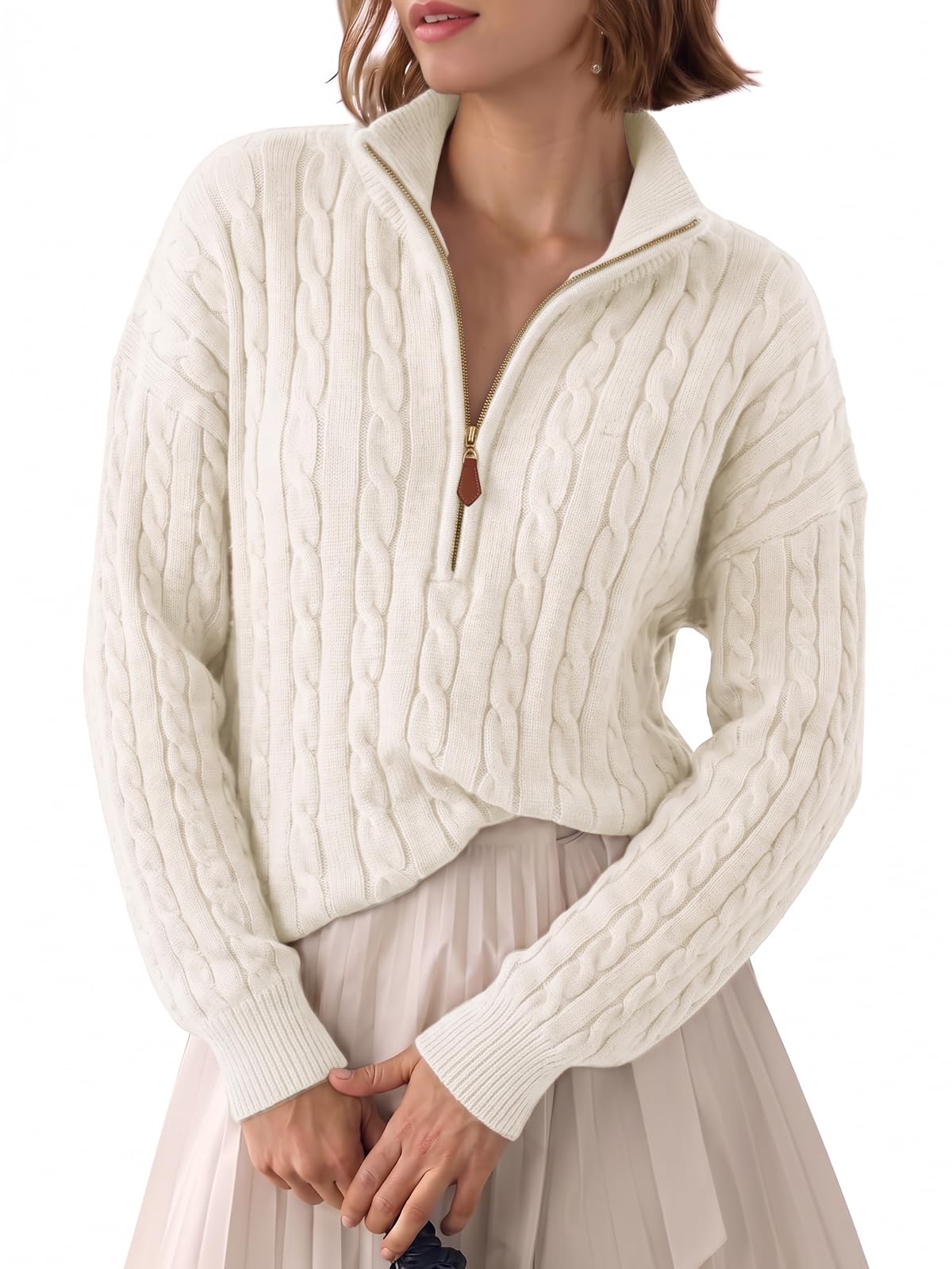 Fisoew Womens Sweaters Quarter Zip Ribbed Cable Knit Pullover Tops 2026