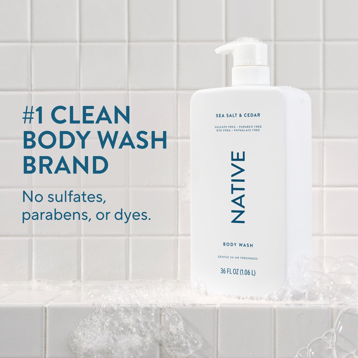 Native Clean Body Wash, Gentle & pH-balanced for Sensitive Skin, 24-Hr Freshness for Women & Men, Vegan & Cruelty-Free, Free of Sulfates, Parabens & Phthalates, Coconut & Vanilla, 36 oz