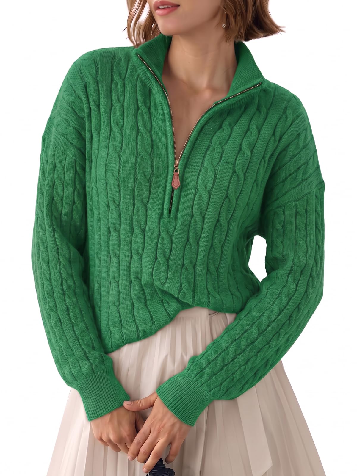 Fisoew Womens Sweaters Quarter Zip Ribbed Cable Knit Pullover Tops 2026