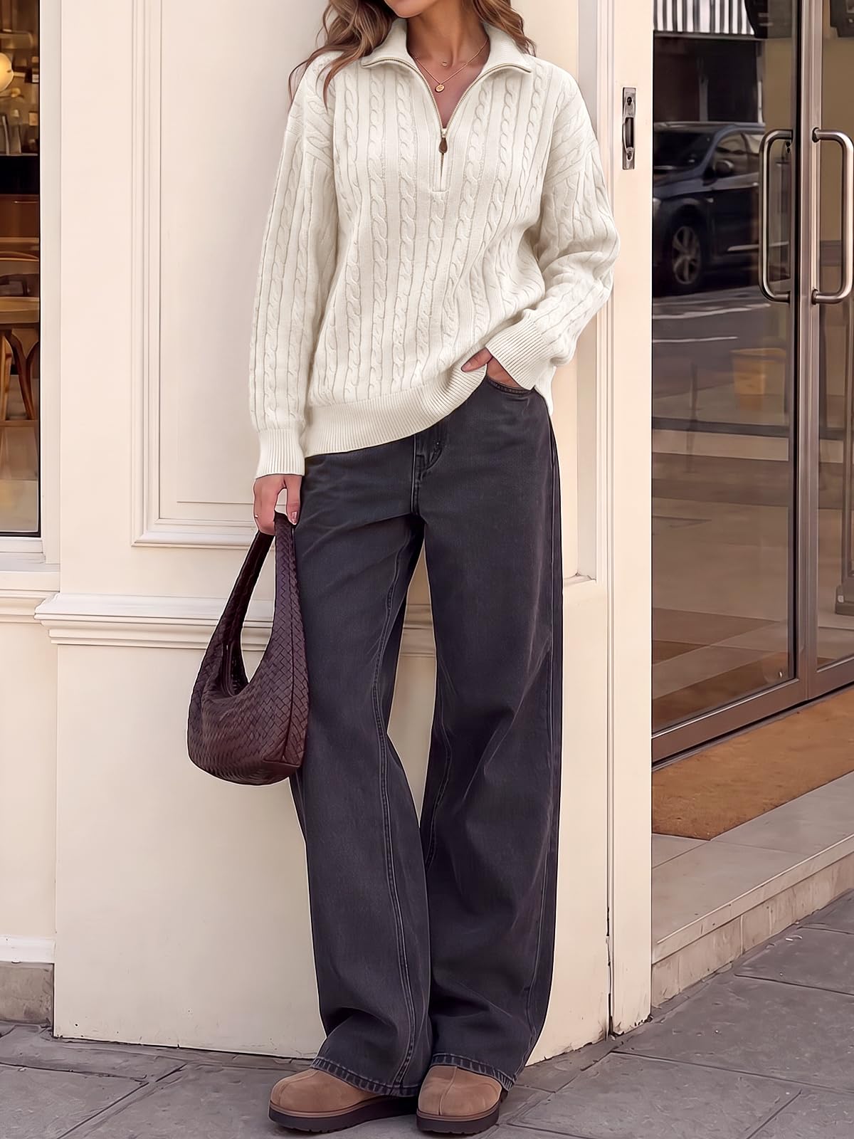 Fisoew Womens Sweaters Quarter Zip Ribbed Cable Knit Pullover Tops 2026