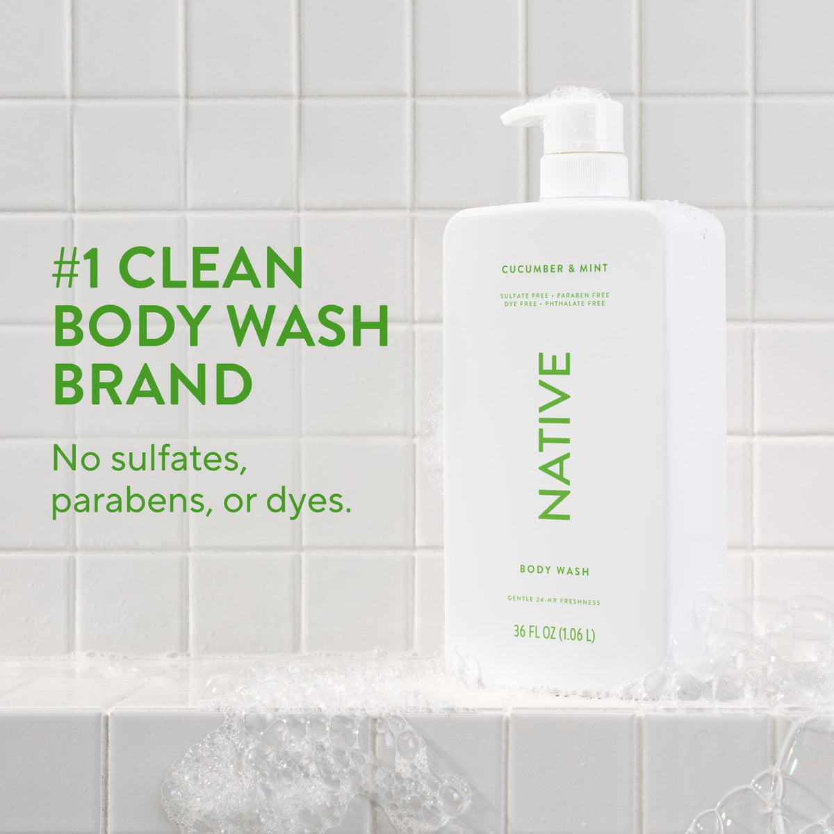 Native Clean Body Wash, Gentle & pH-balanced for Sensitive Skin, 24-Hr Freshness for Women & Men, Vegan & Cruelty-Free, Free of Sulfates, Parabens & Phthalates, Coconut & Vanilla, 36 oz