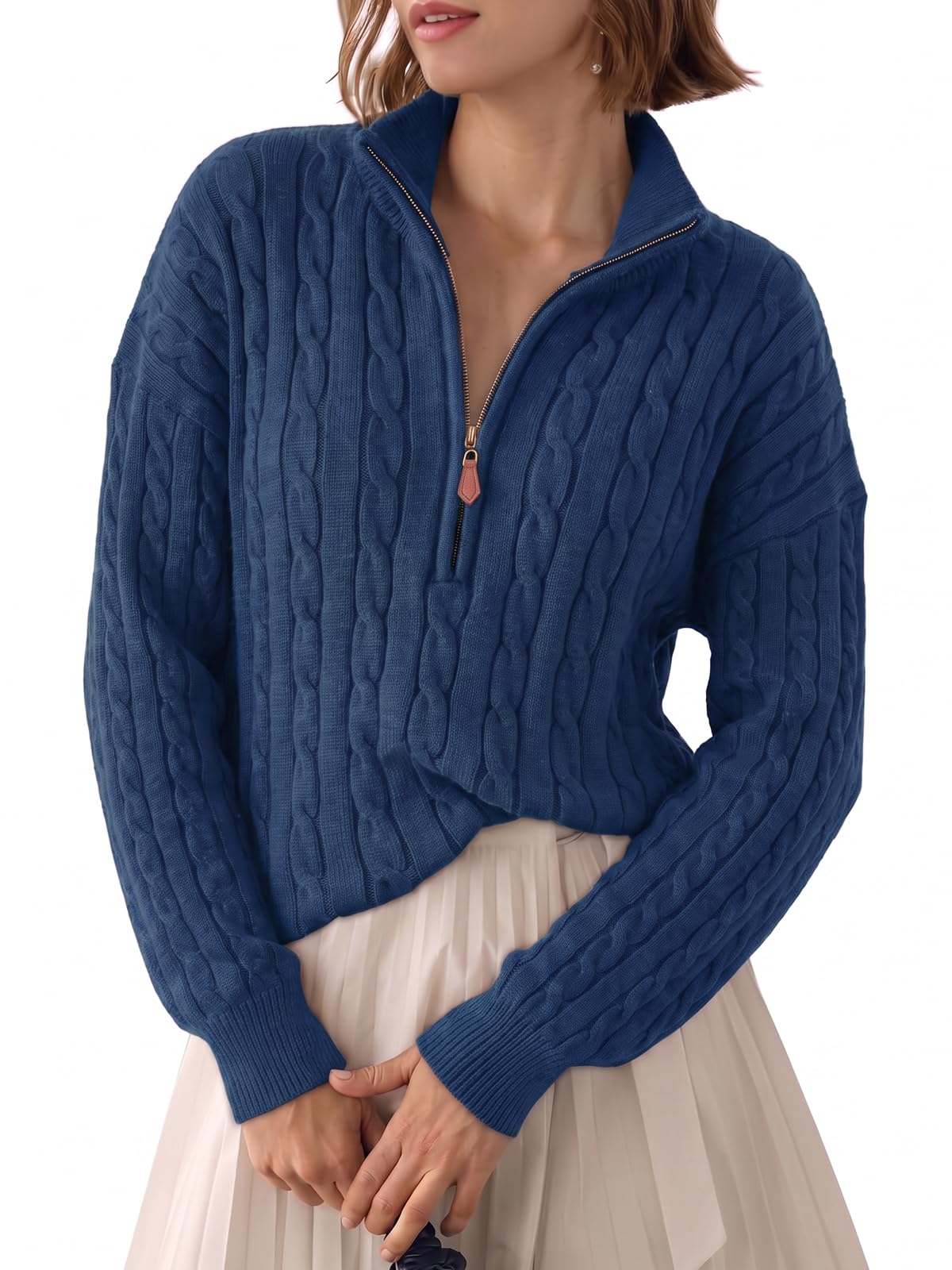 Fisoew Womens Sweaters Quarter Zip Ribbed Cable Knit Pullover Tops 2026