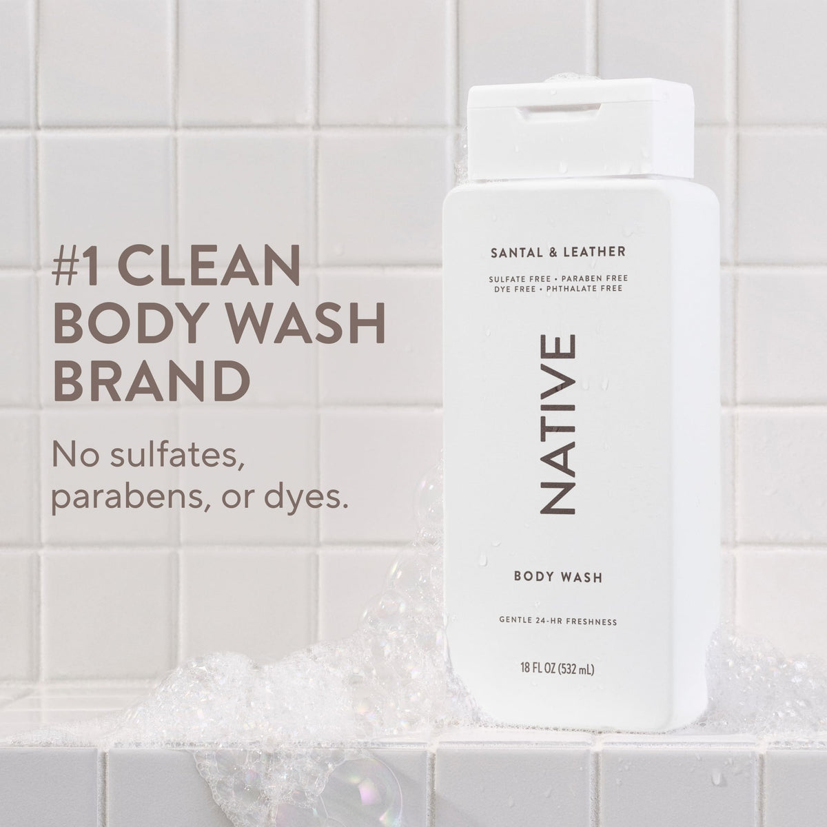 Native Clean Body Wash, Gentle & pH-balanced for Sensitive Skin, 24-Hr Freshness for Men & Women, Vegan & Cruelty-Free, Free of Sulfates & Parabens, Balsam & White Woods, 18 fl oz