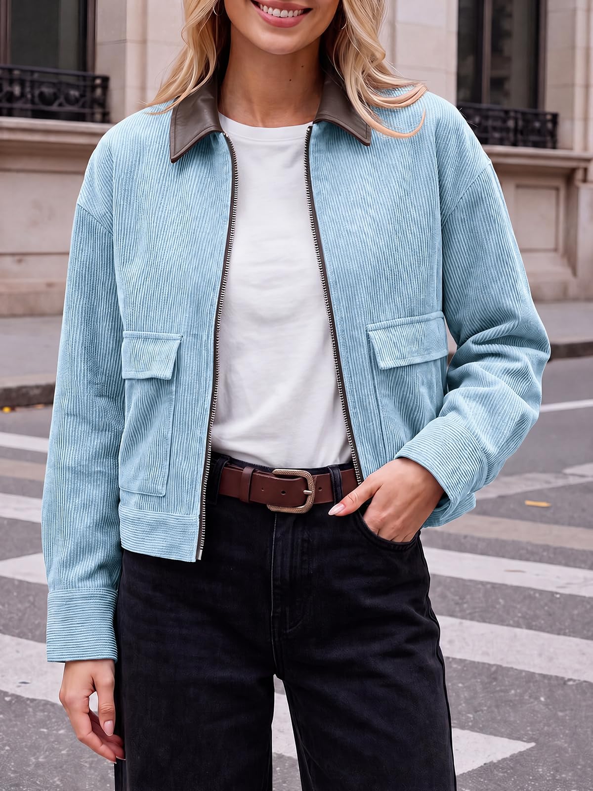 Tankaneo Womens Cropped Corduroy Jackets Oversized Zip Up Barn Bomber Coat