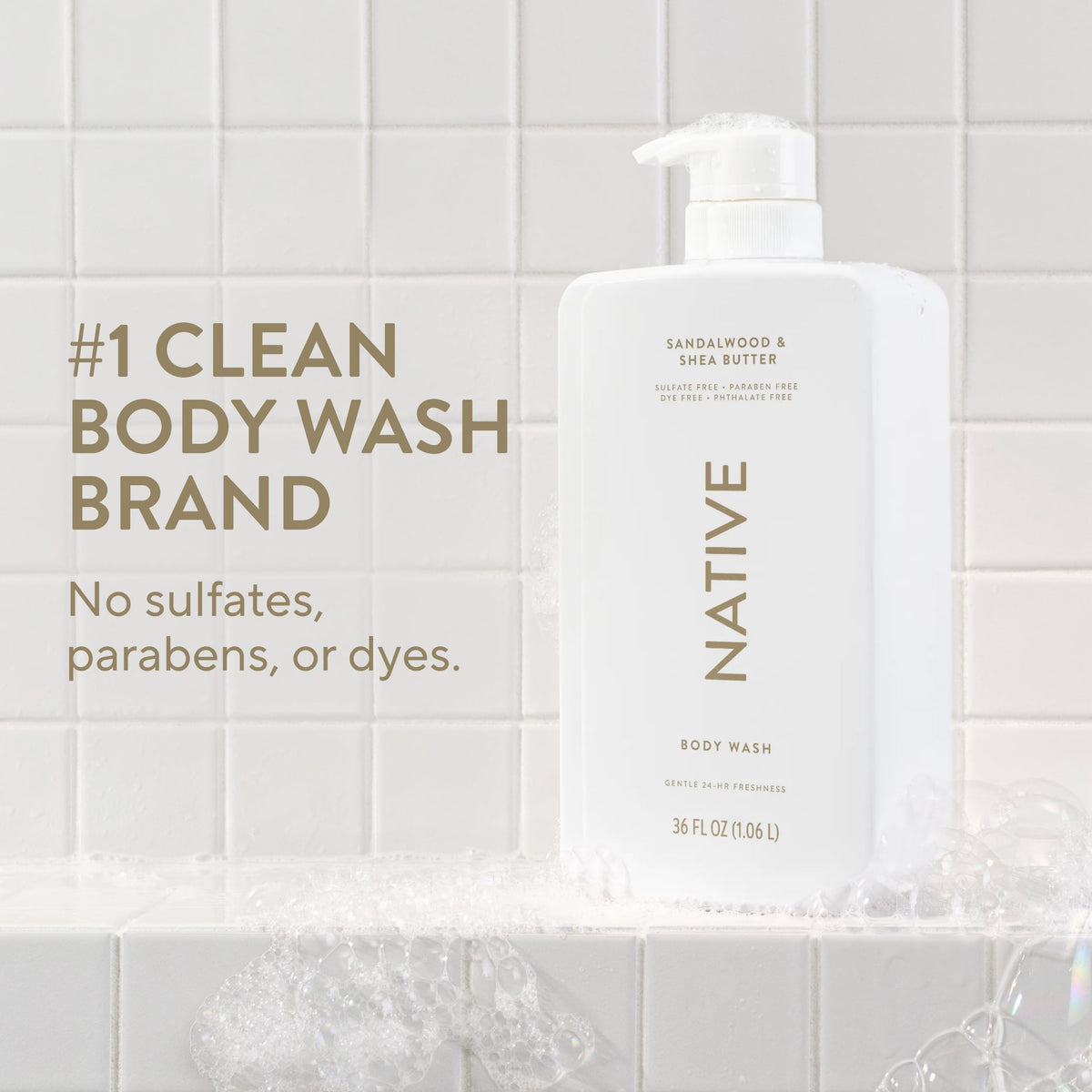 Native Clean Body Wash, Gentle & pH-balanced for Sensitive Skin, 24-Hr Freshness for Women & Men, Vegan & Cruelty-Free, Free of Sulfates, Parabens & Phthalates, Coconut & Vanilla, 36 oz