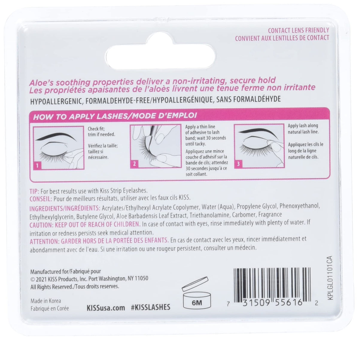 Kiss Lash Adhesive, Lash Glue, 24hr Strip Eyelash Adhesive, Clear, Includes Lash Adhesive, Long Lasting Wear, Can Be Used with Strip Lashes and Lash Clusters