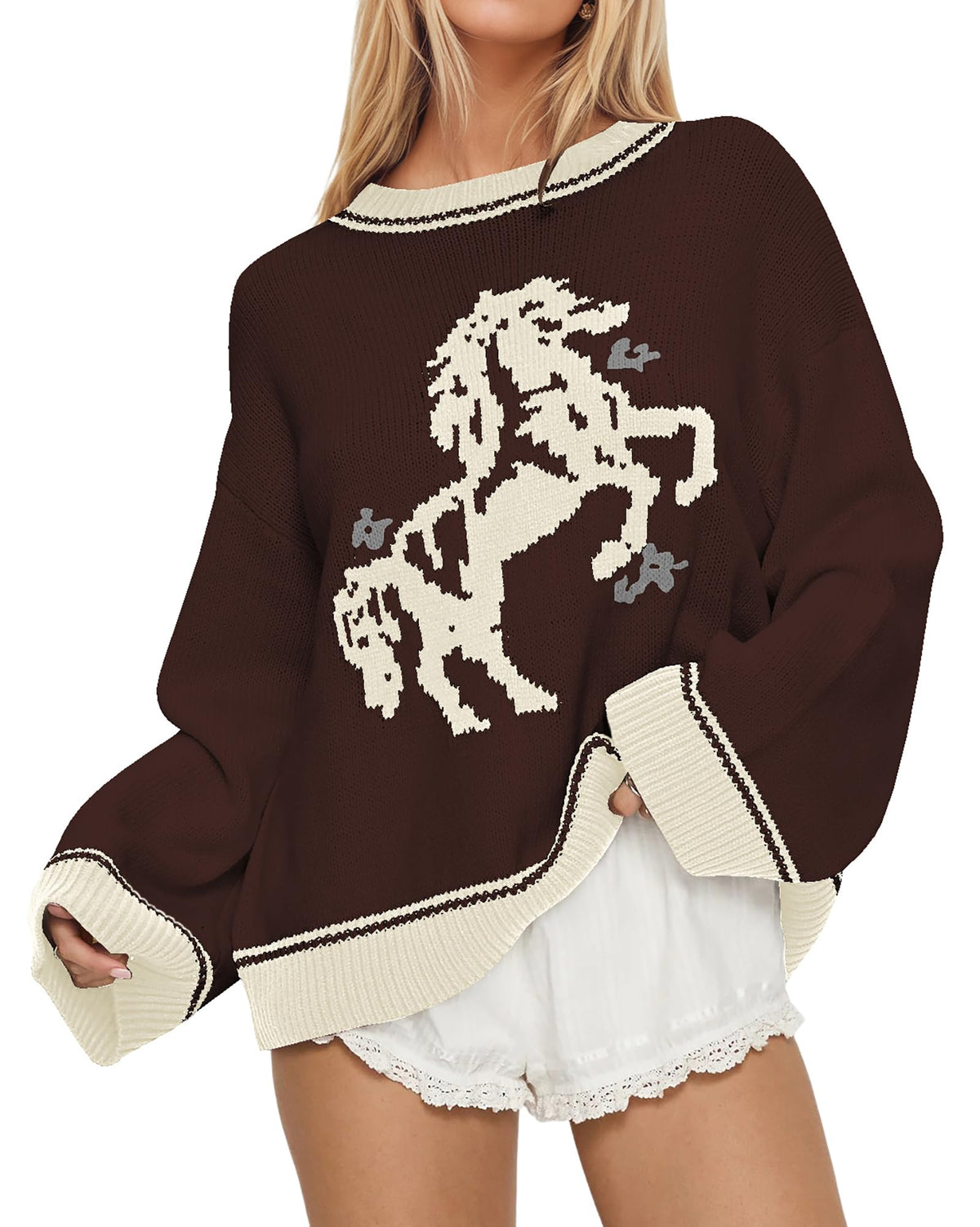 Women Oversized Horse Sweater Y2k Graphic Knit Pullover Long Sleeve Crewneck Aesthetic Horse Sweater Tops