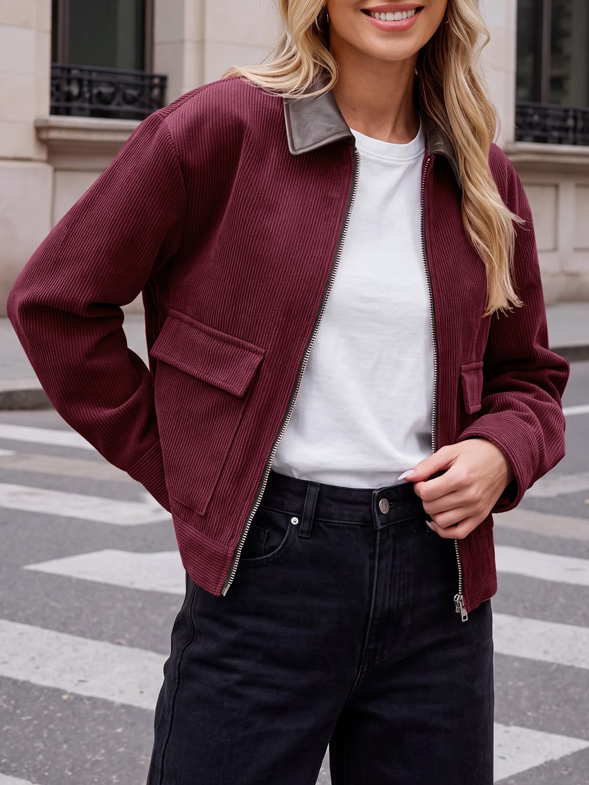 Tankaneo Womens Cropped Corduroy Jackets Oversized Zip Up Barn Bomber Coat