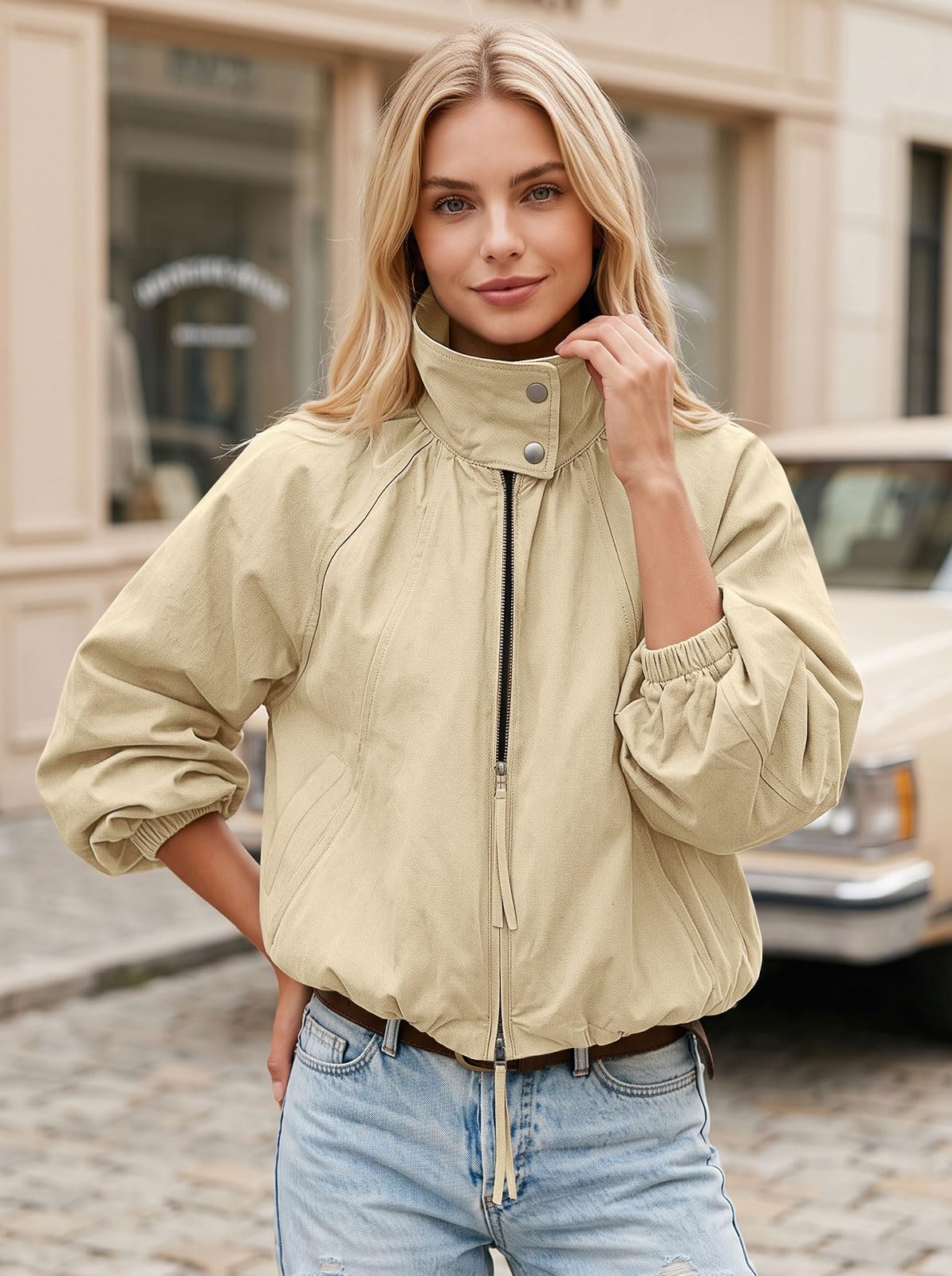 Womens Bomber Jacket Puffed Collar Trench Coat Funnel Neck Cropped Jackets