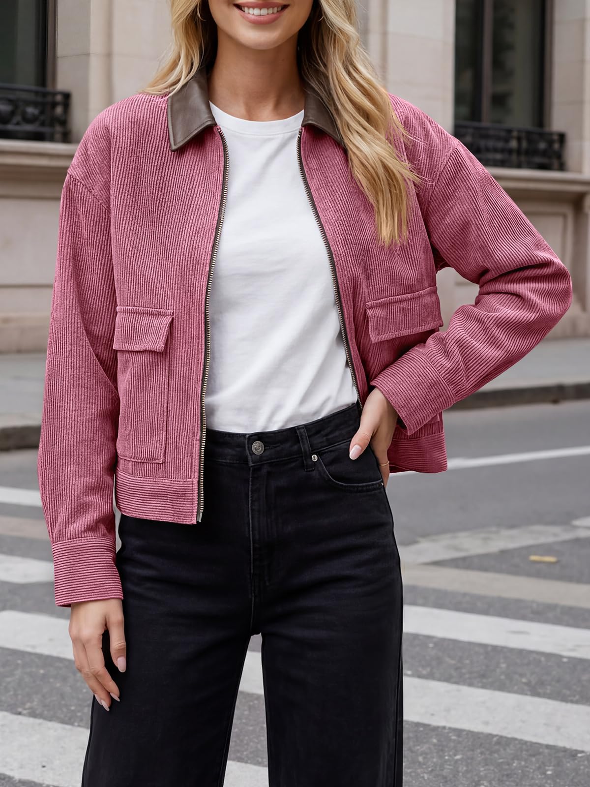Tankaneo Womens Cropped Corduroy Jackets Oversized Zip Up Barn Bomber Coat