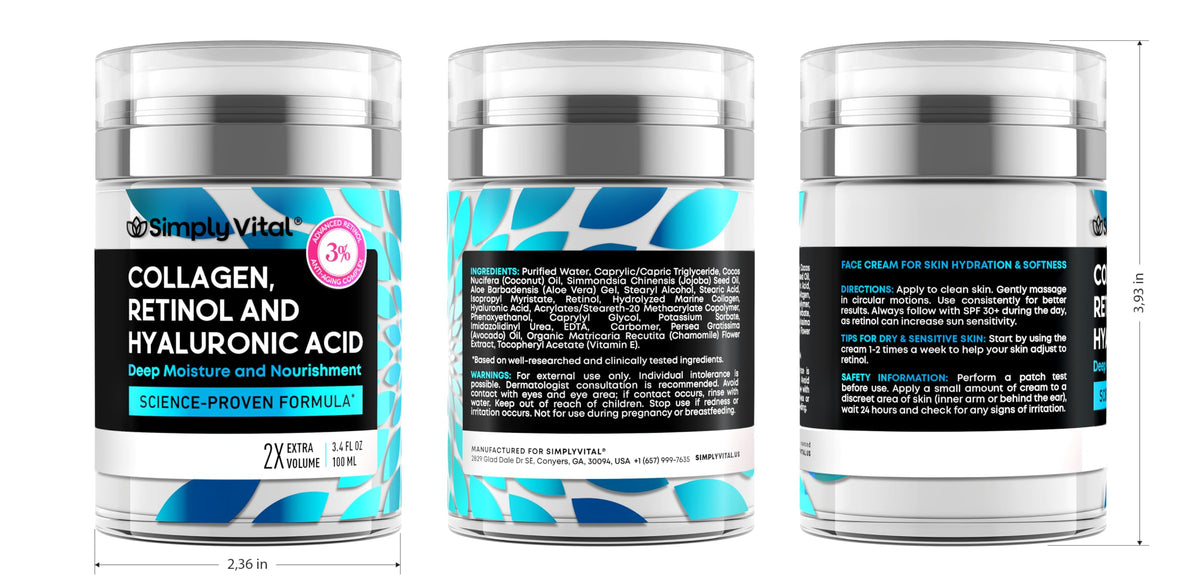 SimplyVital Face Moisturizer Retinol Collagen Hyaluronic Acid Cream 1.7 oz