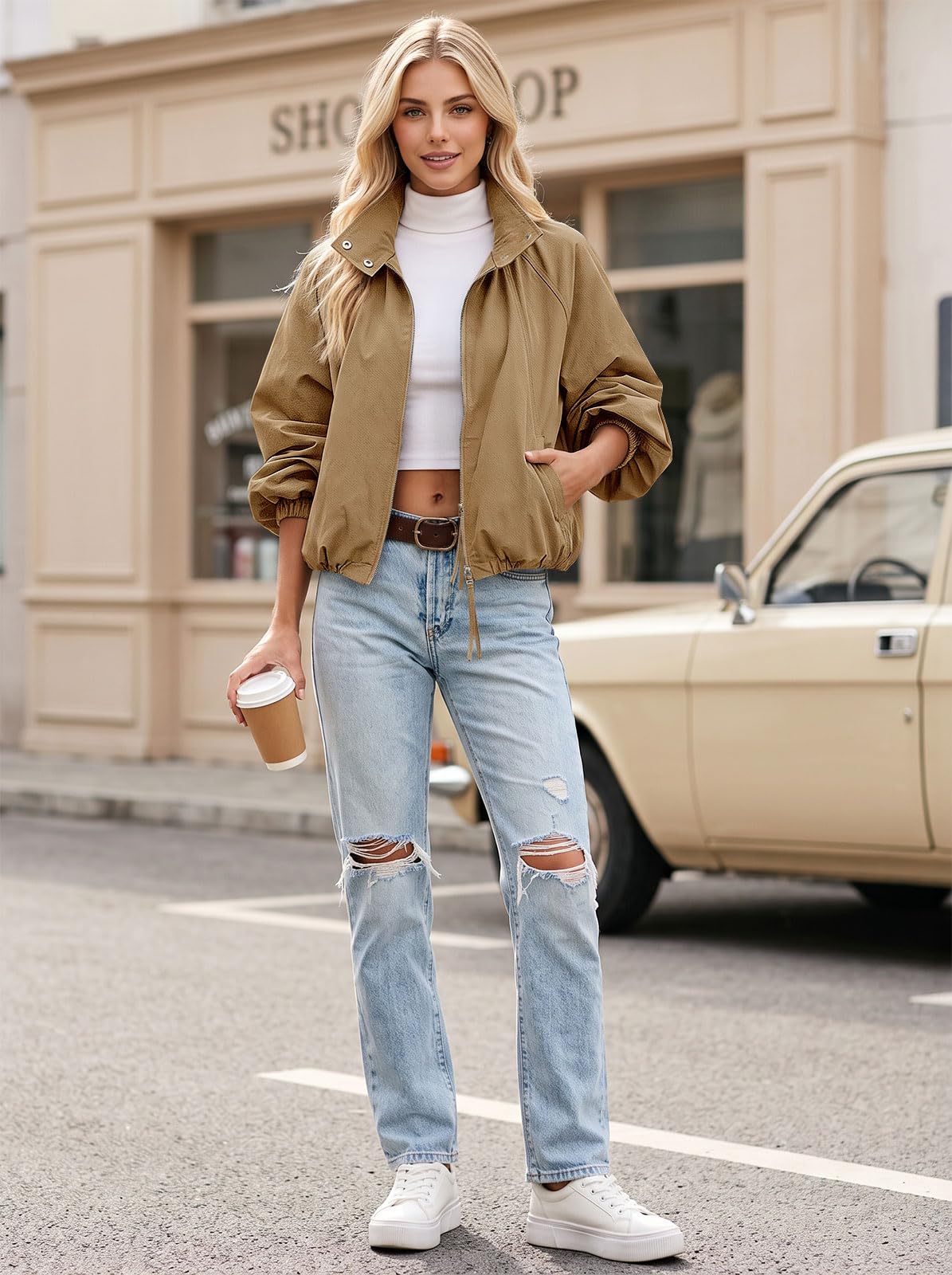 Womens Bomber Jacket Puffed Collar Trench Coat Funnel Neck Cropped Jackets