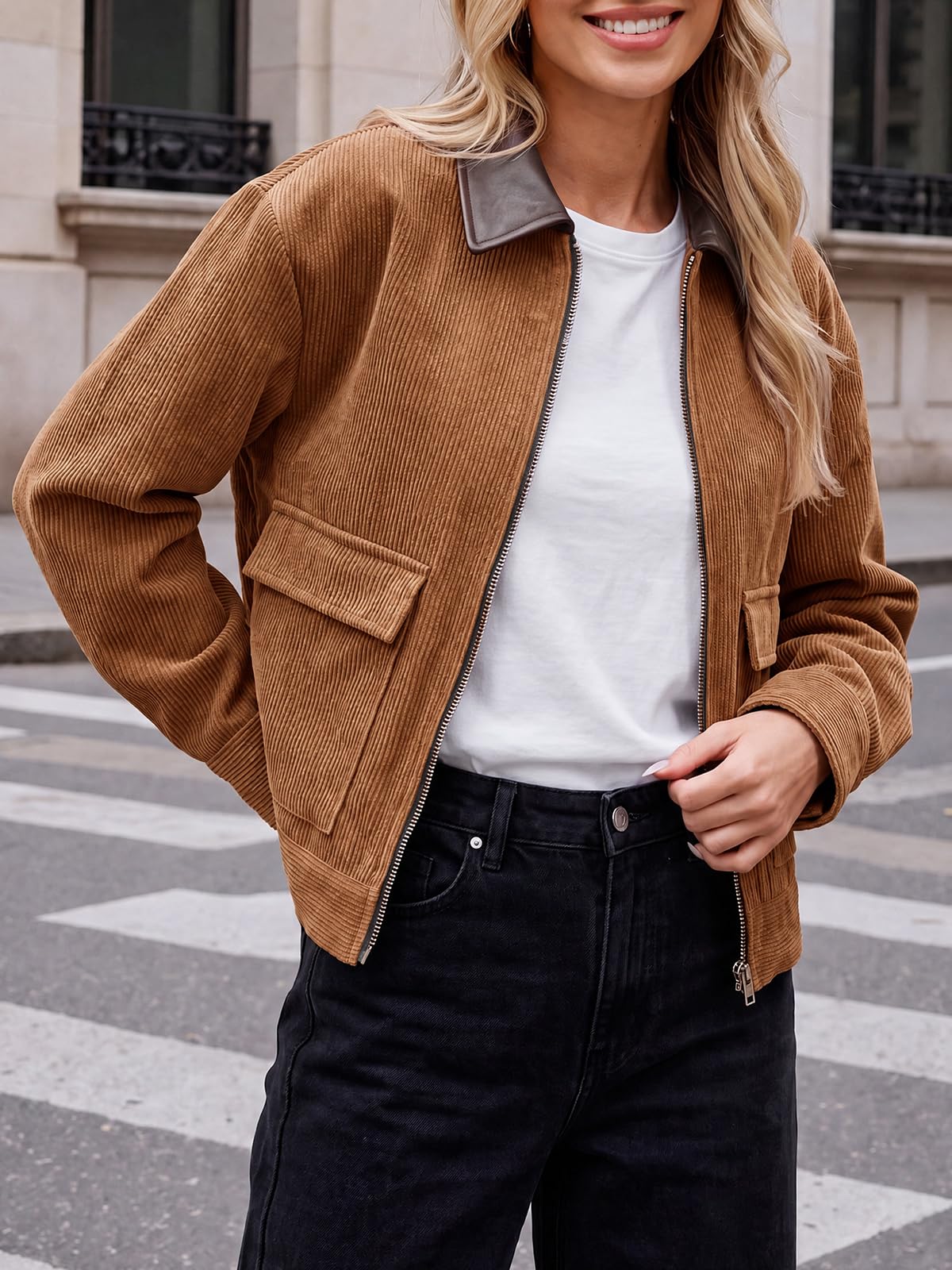 Tankaneo Womens Cropped Corduroy Jackets Oversized Zip Up Barn Bomber Coat
