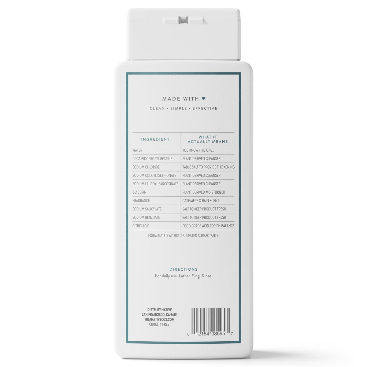Native Clean Body Wash, Gentle & pH-balanced for Sensitive Skin, 24-Hr Freshness for Men & Women, Vegan & Cruelty-Free, Free of Sulfates & Parabens, Balsam & White Woods, 18 fl oz