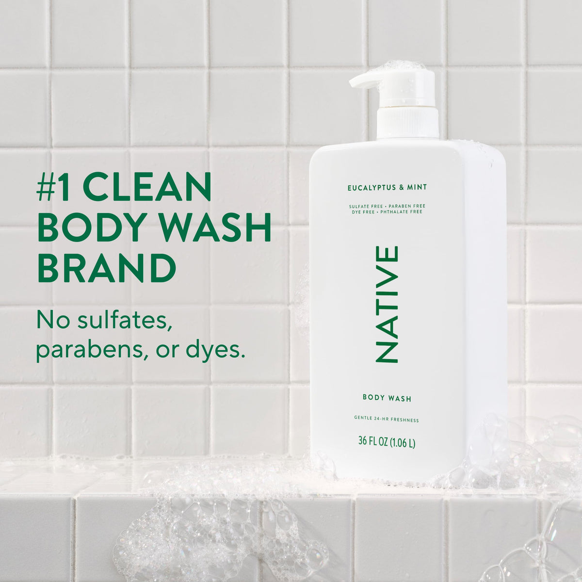 Native Clean Body Wash, Gentle & pH-balanced for Sensitive Skin, 24-Hr Freshness for Women & Men, Vegan & Cruelty-Free, Free of Sulfates, Parabens & Phthalates, Coconut & Vanilla, 36 oz