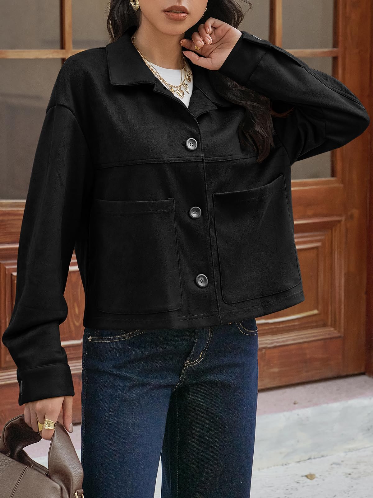 Tankaneo Womens Cropped Faux Suede Leather Jackets Lapel Collar Shackets