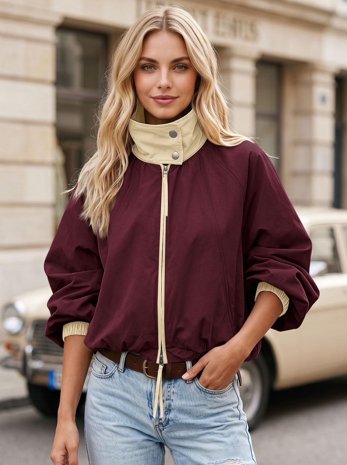 Womens Bomber Jacket Puffed Collar Trench Coat Funnel Neck Cropped Jackets